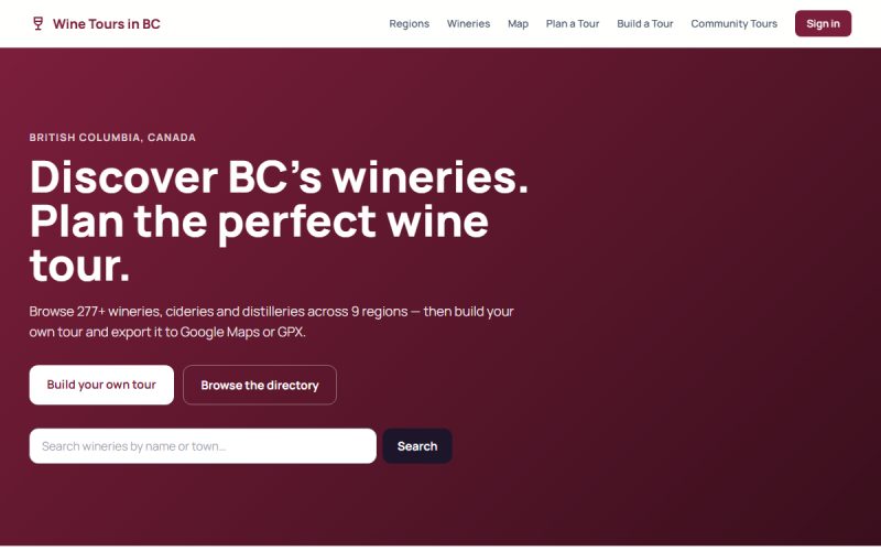 Wine Tours in BC website